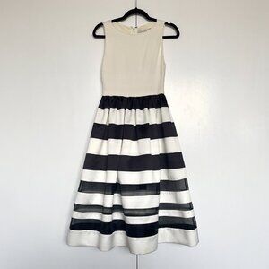 Alice + Olivia | Larue Illusion cream black striped fit & flare midi dress Sz 2
